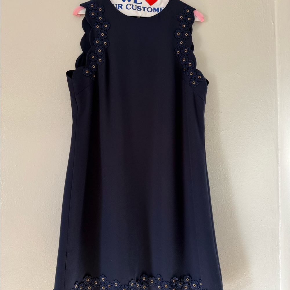Ted Baker London navy with gold grommets scalloped knee length dress. Size 3
